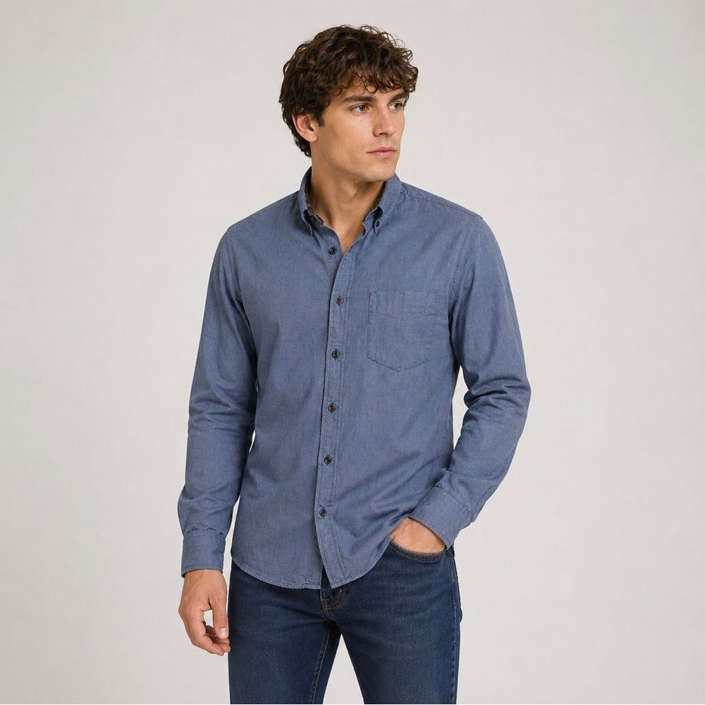 Zara Chambray Casual Button Down/Up Shirt Solid Blue 100% Cotton Slim Fit S